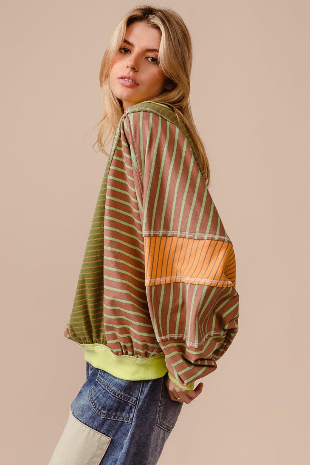 BiBi Color Block Striped Round Neck Sweatshirt - Blu Lotus Boutique