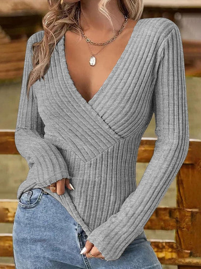 Ribbed Surplice Long Sleeve T-Shirt - Blu Lotus Boutique