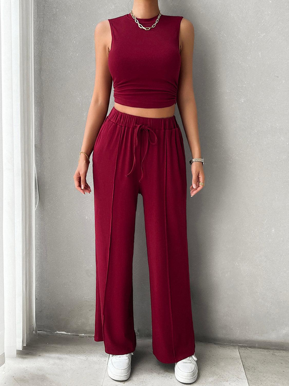 Devine Mock Neck Sleeveless Top and Drawstring Pants Set - Blu Lotus Boutique