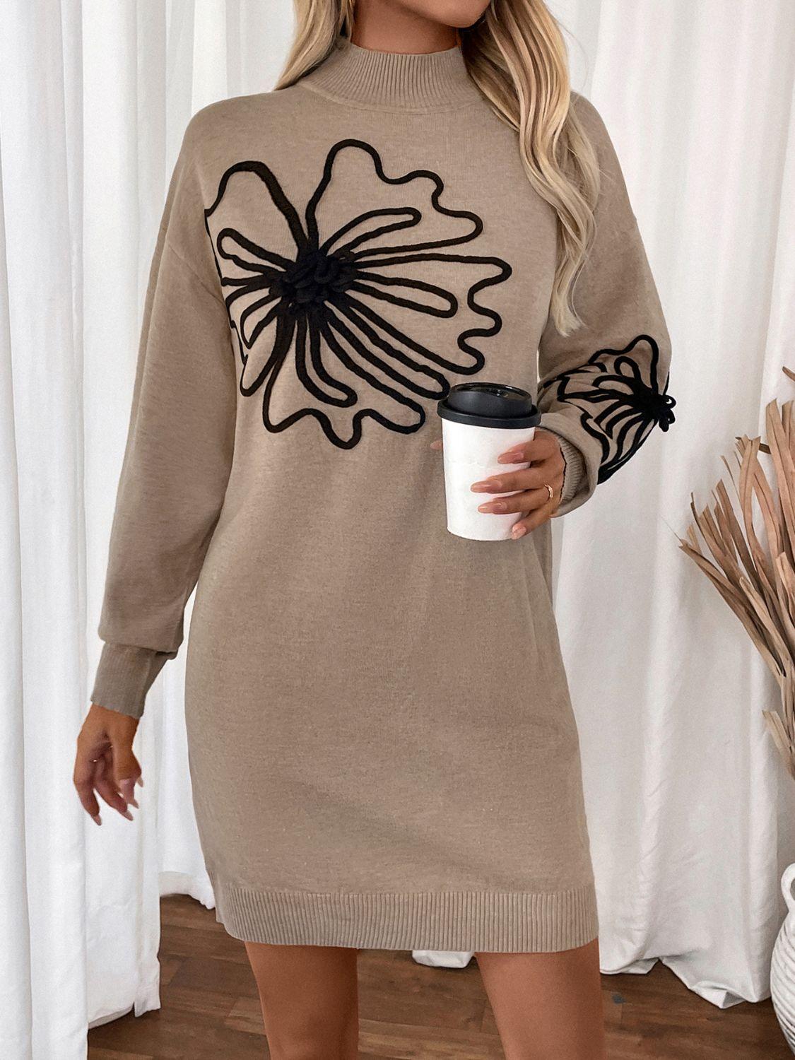 Perfee Flower Mock Neck Long Sleeve Sweater Dress - Blu Lotus Boutique