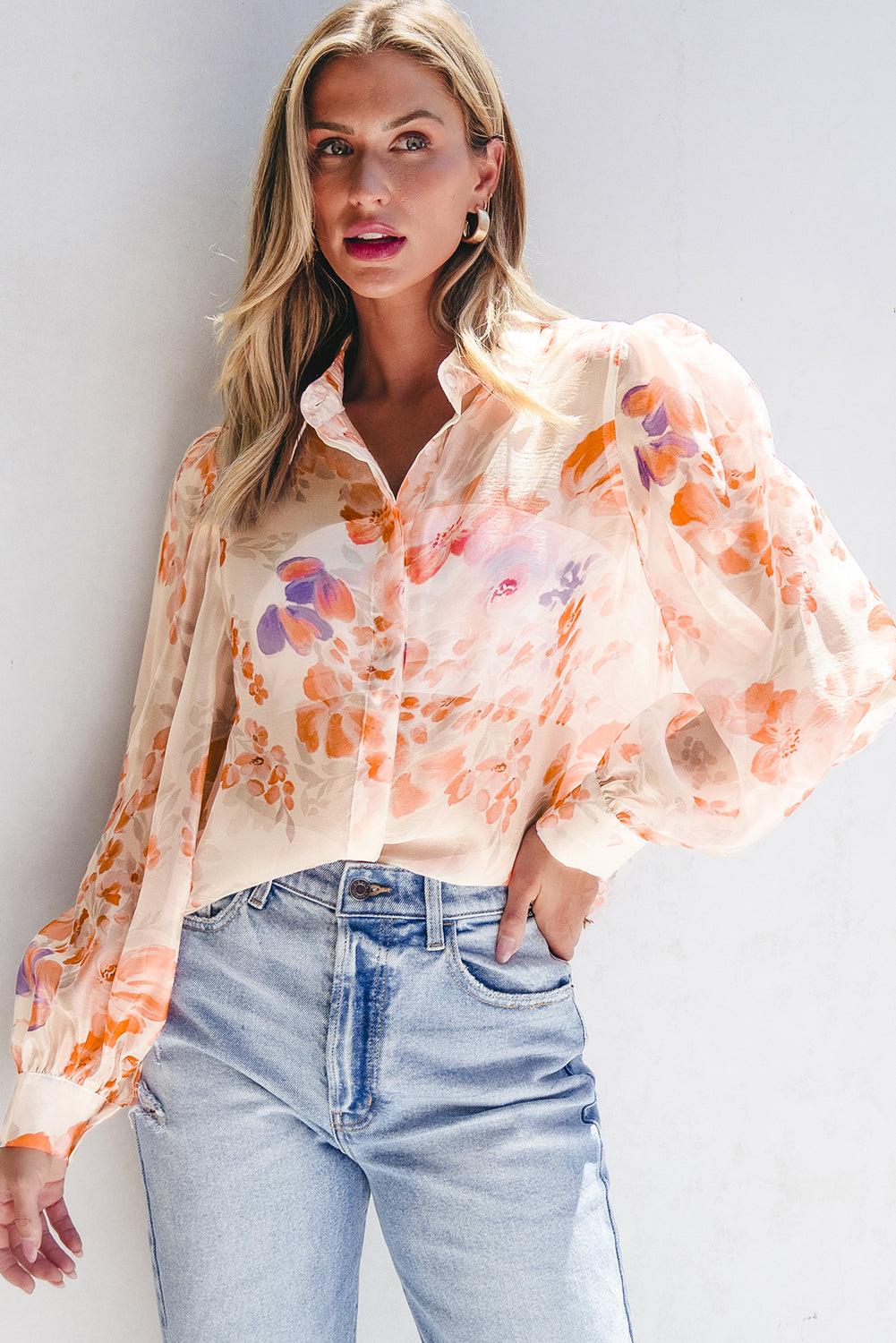 White Floral Print Collared Balloon Sleeve Loose Shirt - Blu Lotus Boutique