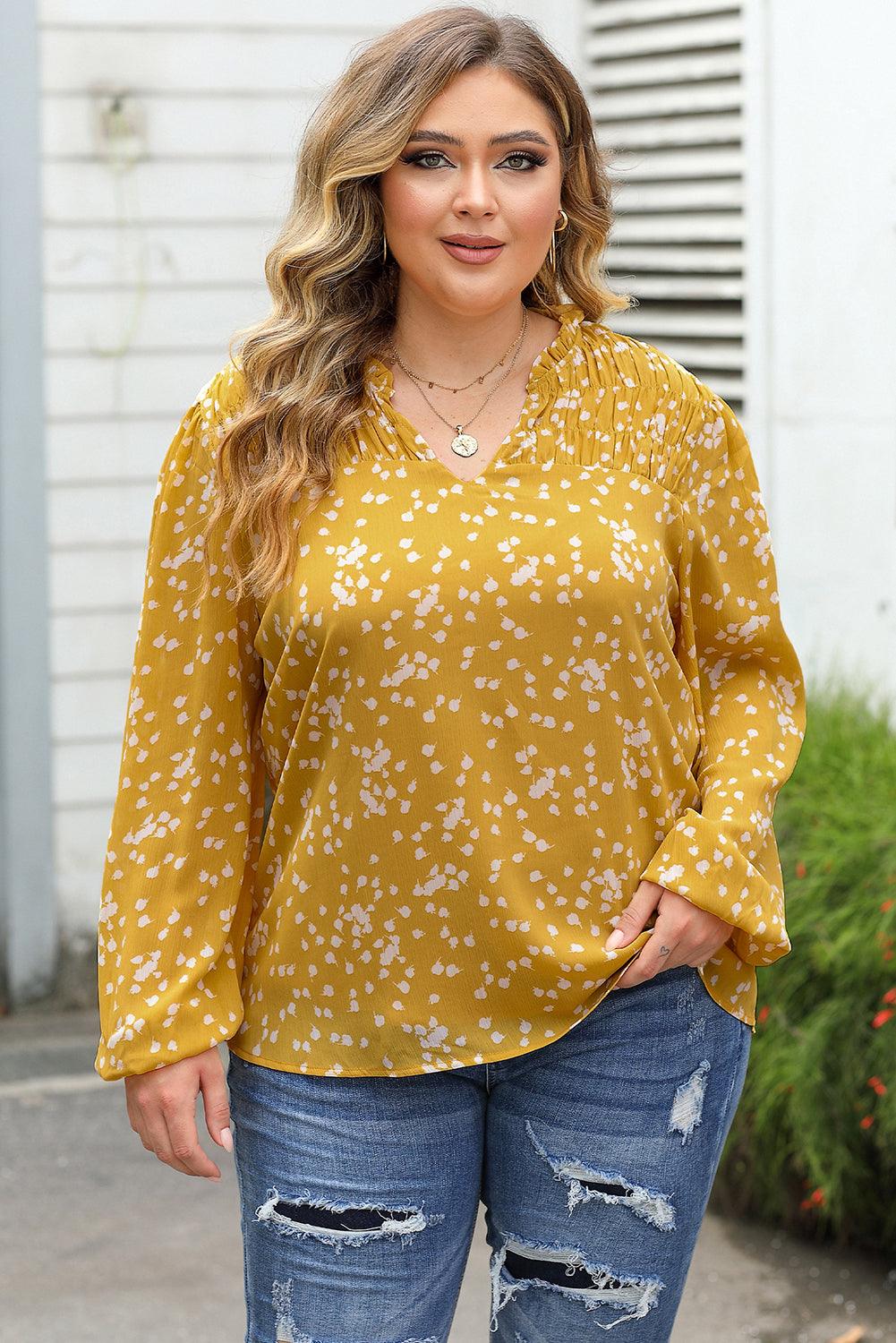 Black Plus Size Floral Print Ruched Split Neck Blouse - Blu Lotus Boutique