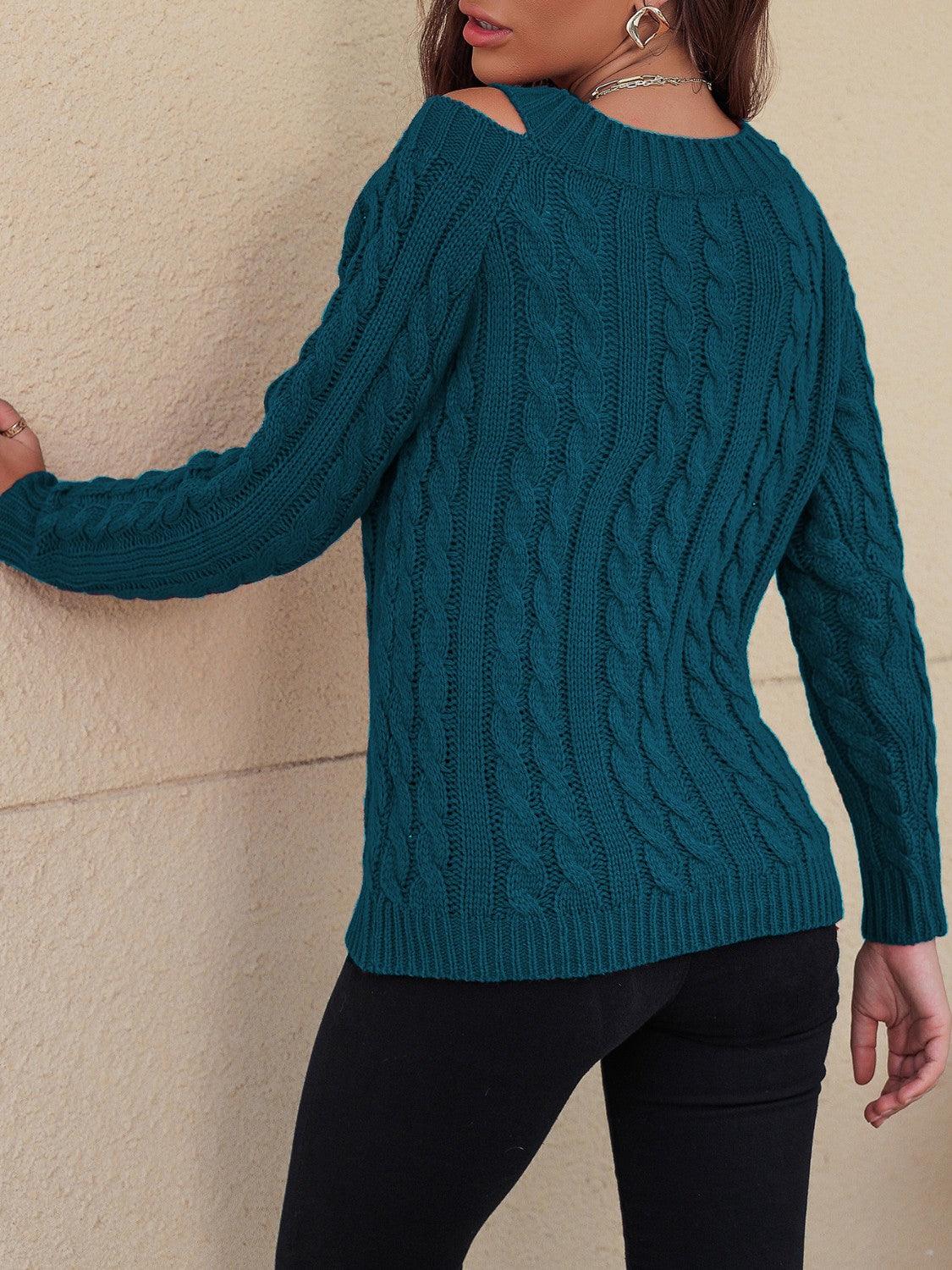 Honey Cable-Knit V-Neck Cold Shoulder Sweater