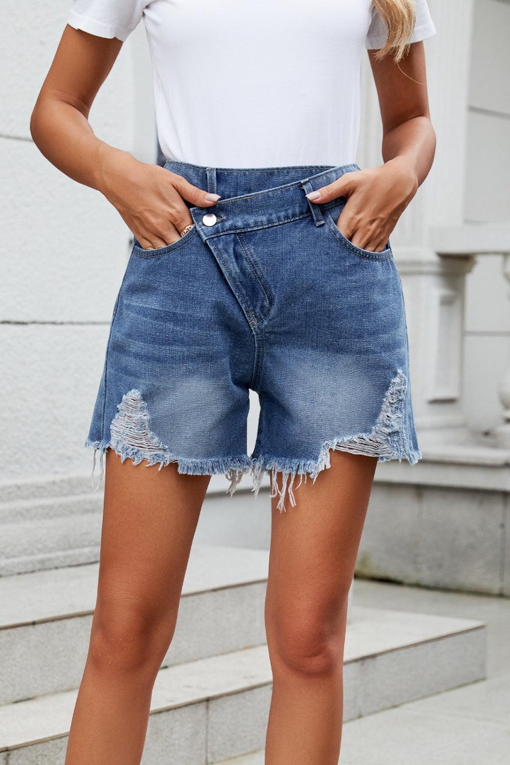 Distressed Raw Hem Asymmetric Waist Denim Shorts - Blu Lotus Boutique