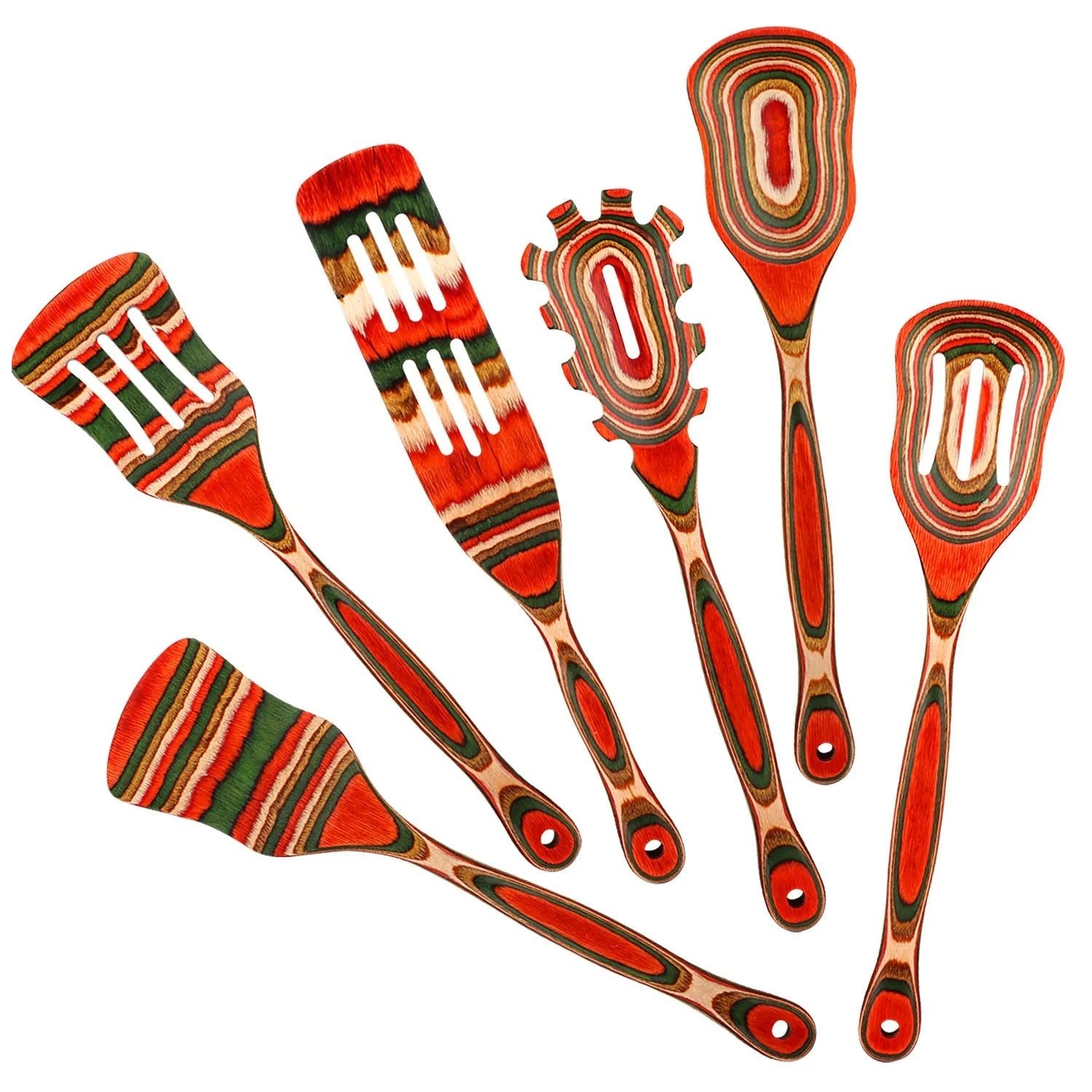 6pcs Kitchen Utensils Set, Pakkawood Spoons for Cooking,Wood Serving Spatula spoon, Salad Tongs(Orange red) - Blu Lotus Boutique