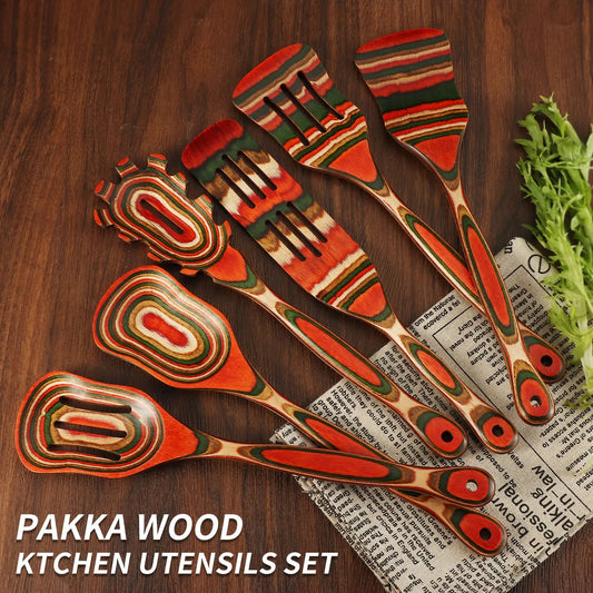 6pcs Kitchen Utensils Set, Pakkawood Spoons for Cooking,Wood Serving Spatula spoon, Salad Tongs(Orange red) - Blu Lotus Boutique