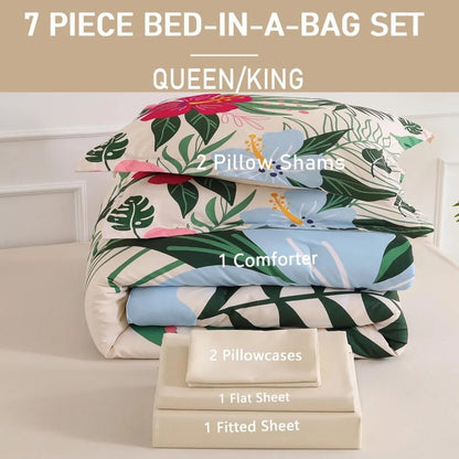 7 Piece Bed in a Bag King Size Comforter Set Beige Bedding Set, Pink Floral Green Leaves Pattern Reversible Design, Soft M - Blu Lotus Boutique