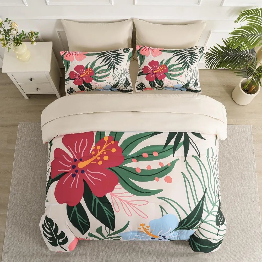7 Piece Bed in a Bag King Size Comforter Set Beige Bedding Set, Pink Floral Green Leaves Pattern Reversible Design, Soft M - Blu Lotus Boutique