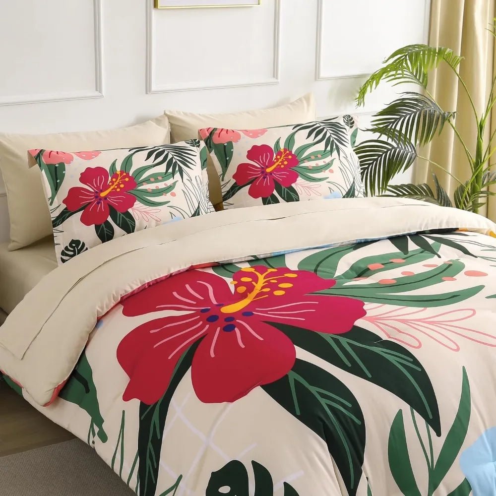 7 Piece Bed in a Bag King Size Comforter Set Beige Bedding Set, Pink Floral Green Leaves Pattern Reversible Design, Soft M - Blu Lotus Boutique
