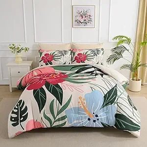 7 Piece Bed in a Bag King Size Comforter Set Beige Bedding Set, Pink Floral Green Leaves Pattern Reversible Design, Soft M - Blu Lotus Boutique
