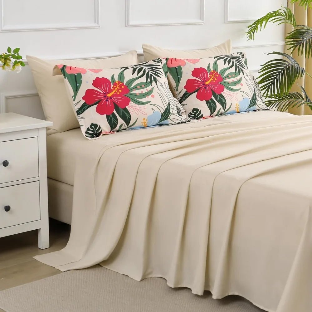 7 Piece Bed in a Bag King Size Comforter Set Beige Bedding Set, Pink Floral Green Leaves Pattern Reversible Design, Soft M - Blu Lotus Boutique