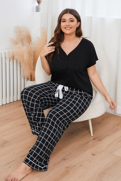 Plus Size V-Neck Top and Plaid Pants Lounge Set - Blu Lotus Boutique