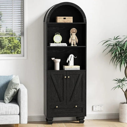 71" Tall Arched Bookshelf Two Doors 5 - Tier Storage Display Cabinet with Open Display Shelf & Drawer for Living Room, Dining Room - Blu Lotus Boutique