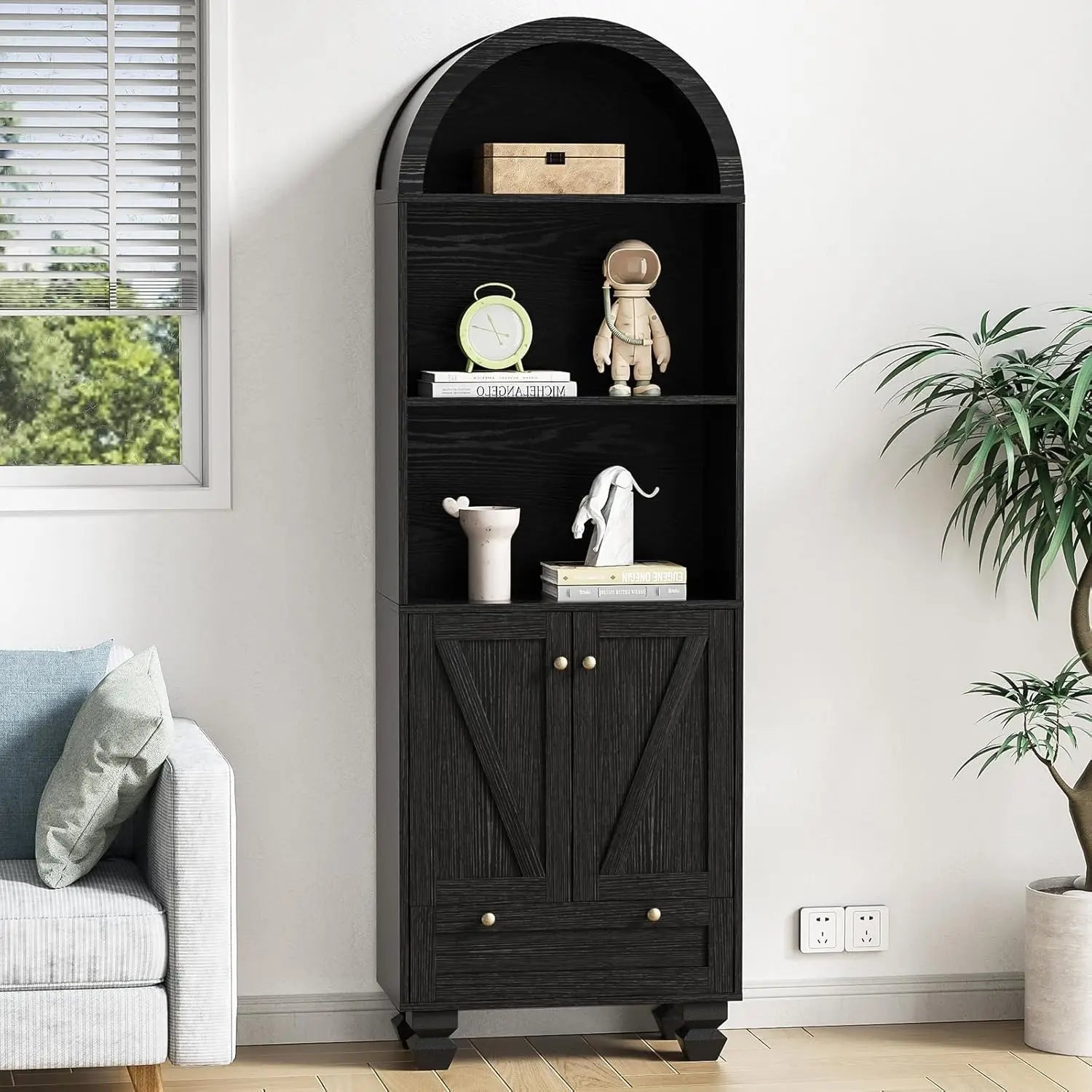 71" Tall Arched Bookshelf Two Doors 5 - Tier Storage Display Cabinet with Open Display Shelf & Drawer for Living Room, Dining Room - Blu Lotus Boutique