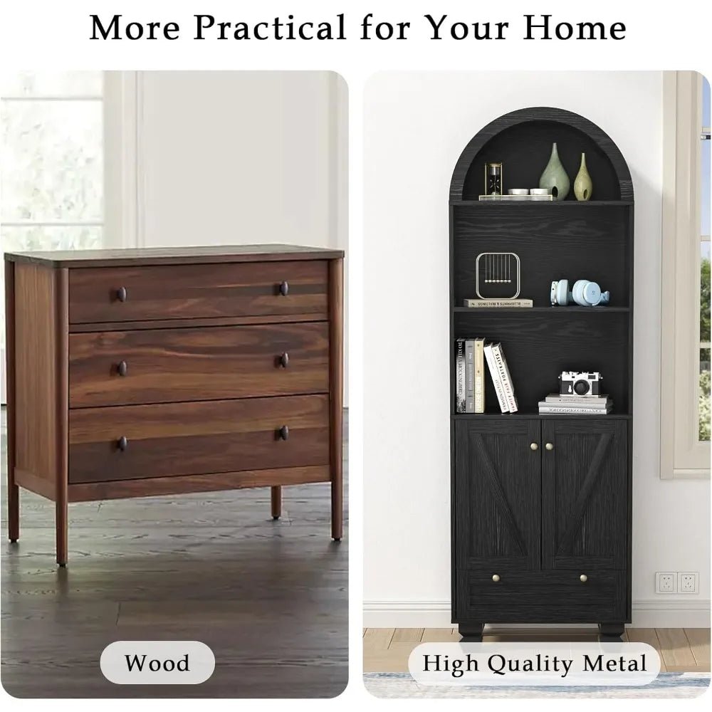 71" Tall Arched Bookshelf Two Doors 5 - Tier Storage Display Cabinet with Open Display Shelf & Drawer for Living Room, Dining Room - Blu Lotus Boutique