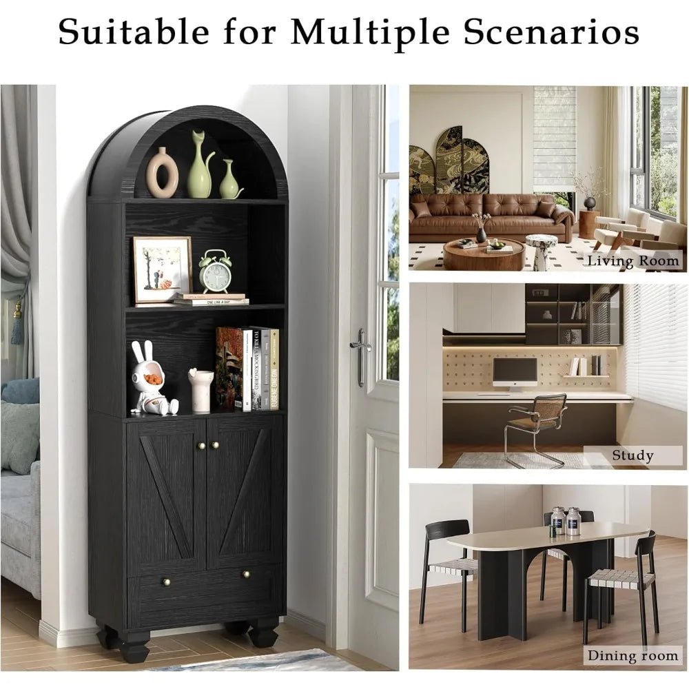 71" Tall Arched Bookshelf Two Doors 5 - Tier Storage Display Cabinet with Open Display Shelf & Drawer for Living Room, Dining Room - Blu Lotus Boutique