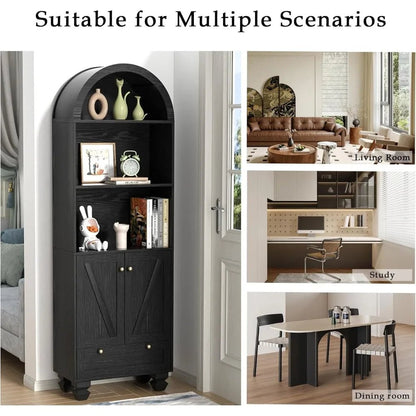 71" Tall Arched Bookshelf Two Doors 5 - Tier Storage Display Cabinet with Open Display Shelf & Drawer for Living Room, Dining Room - Blu Lotus Boutique