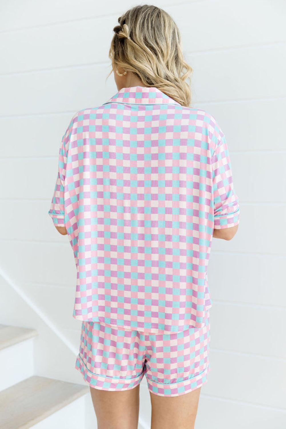 Purple Checkered Pattern Short Sleeve Pajamas Set - Blu Lotus Boutique