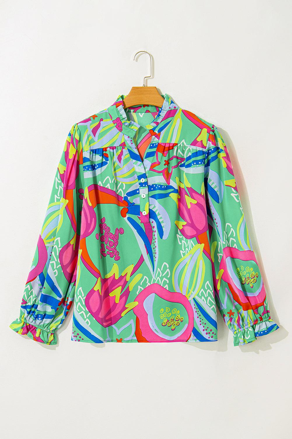 Green Abstract Printed Flounce Sleeve V Neck Buttoned Plus Size Blouse - Blu Lotus Boutique