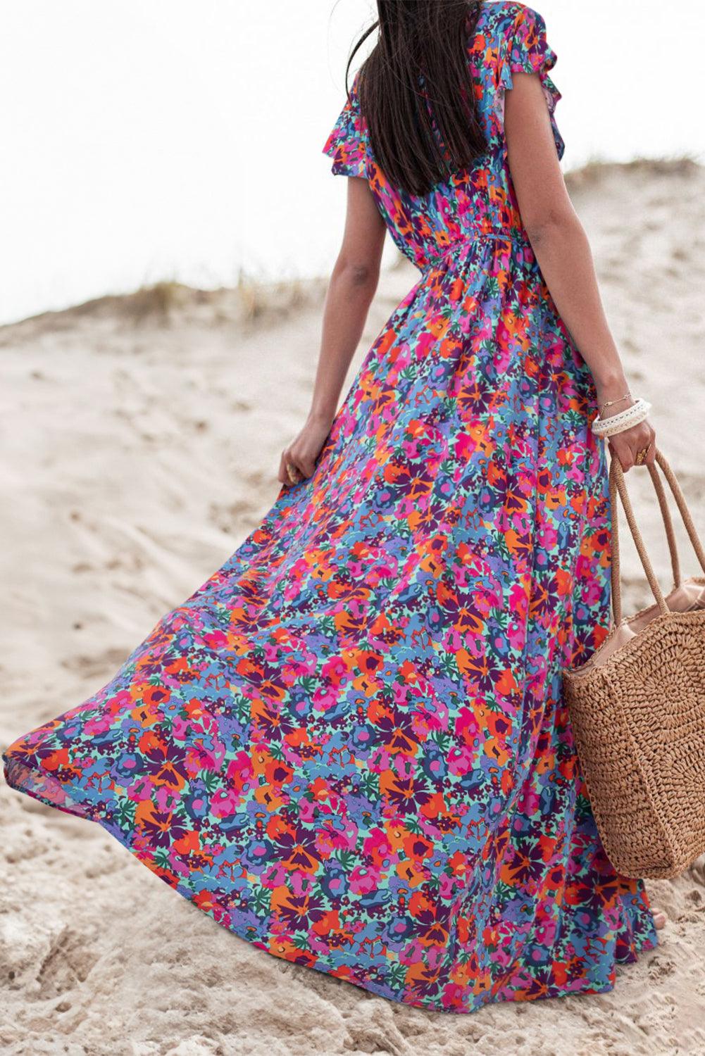 Blue Floral Print V Neck Wrap Split Maxi Dress - Blu Lotus Boutique