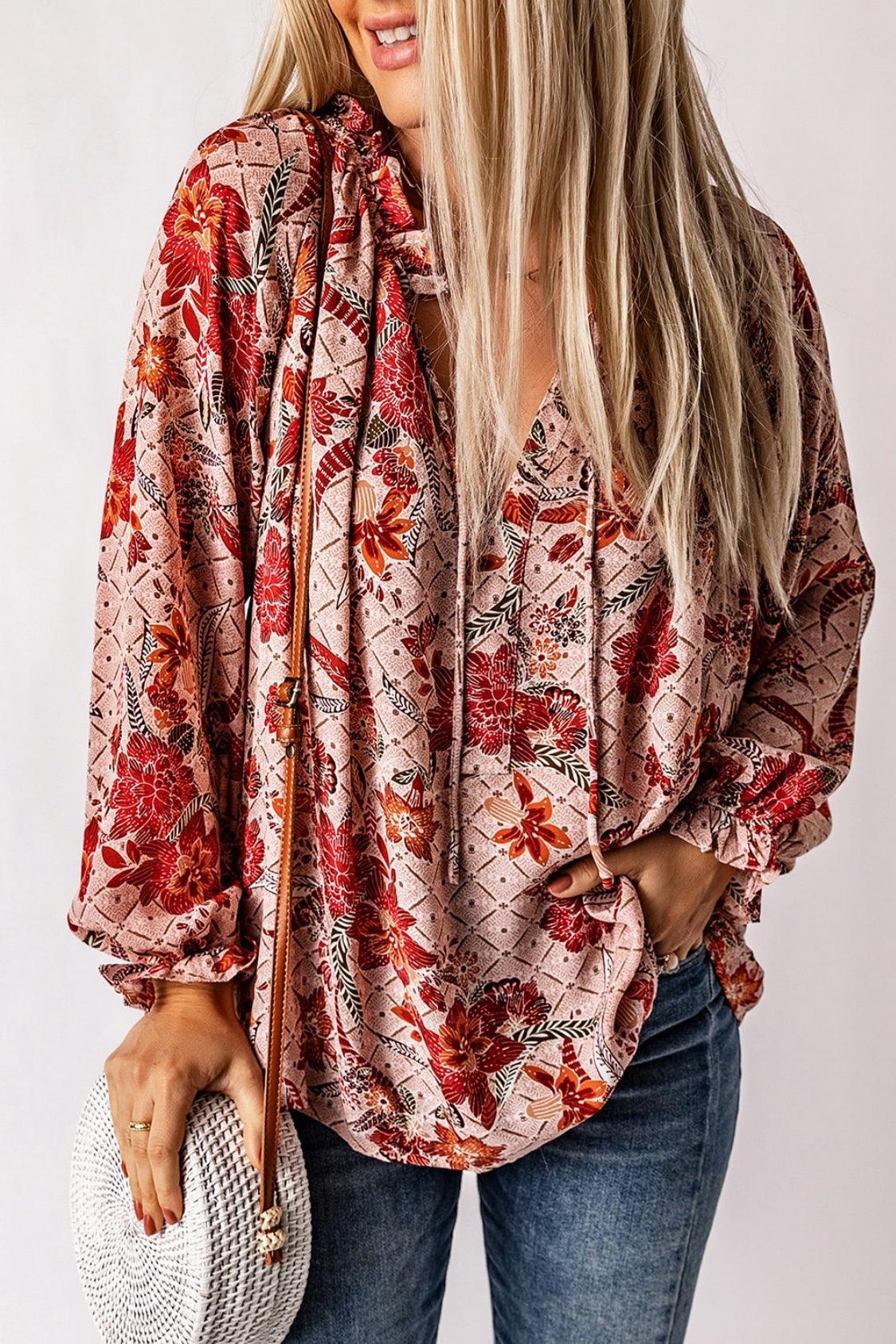 Floral Tie Neck Flounce Sleeve Blouse - Blu Lotus Boutique