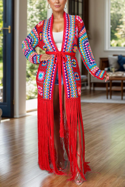 Fringe Tied Long Sleeve Cardigan - Blu Lotus Boutique