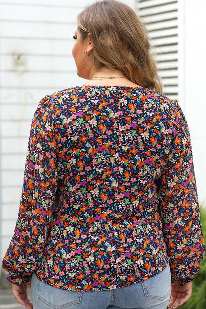 Black Plus Size V Neck Bubble Sleeve Floral Blouse - Blu Lotus Boutique