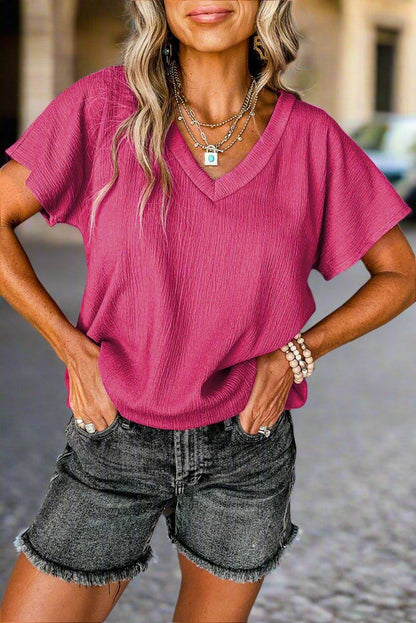 Bright Pink Crinkled V Neck Wide Sleeve T-shirt - Blu Lotus Boutique