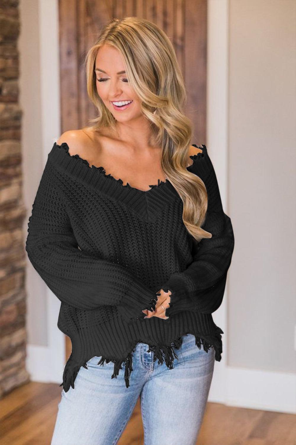 Frayed Hem Dropped Shoulder Sweater - Blu Lotus Boutique