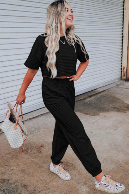 Black Lattice Textured Cropped Tee and Jogger Pants Set - Blu Lotus Boutique