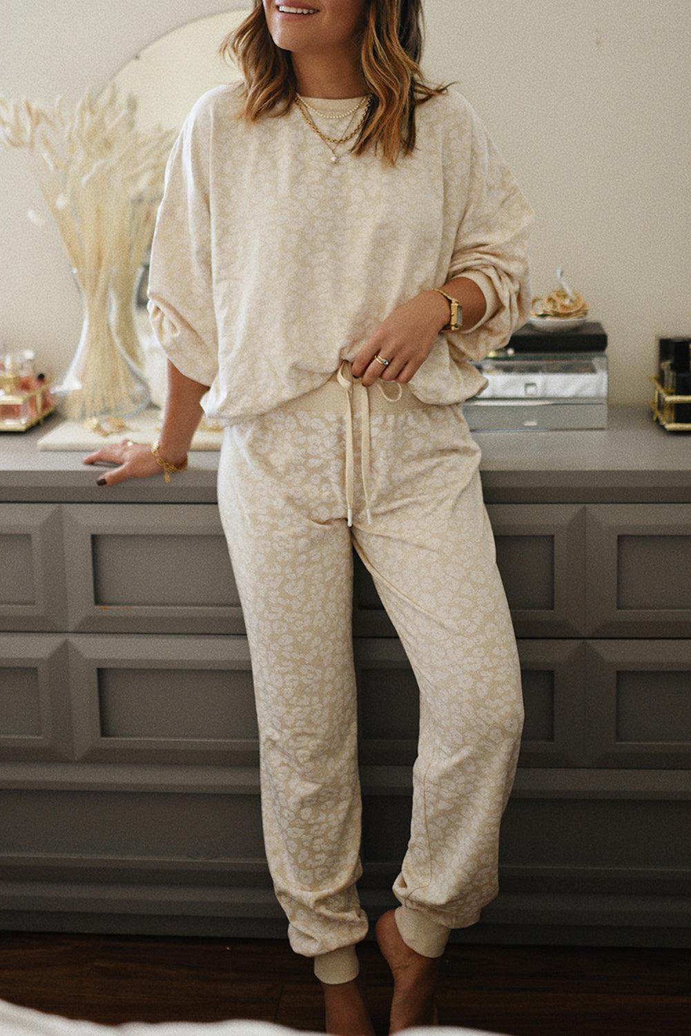 White Cheetah Print Two Piece Loose Fit Cozy Loungewear - Blu Lotus Boutique