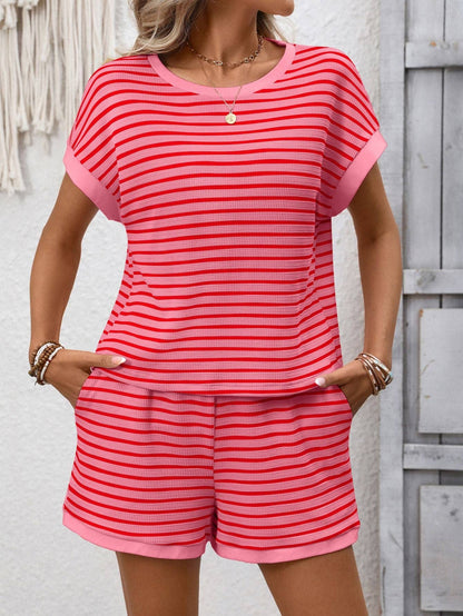 Striped Short Sleeve Top and Shorts Casual Lounge Set