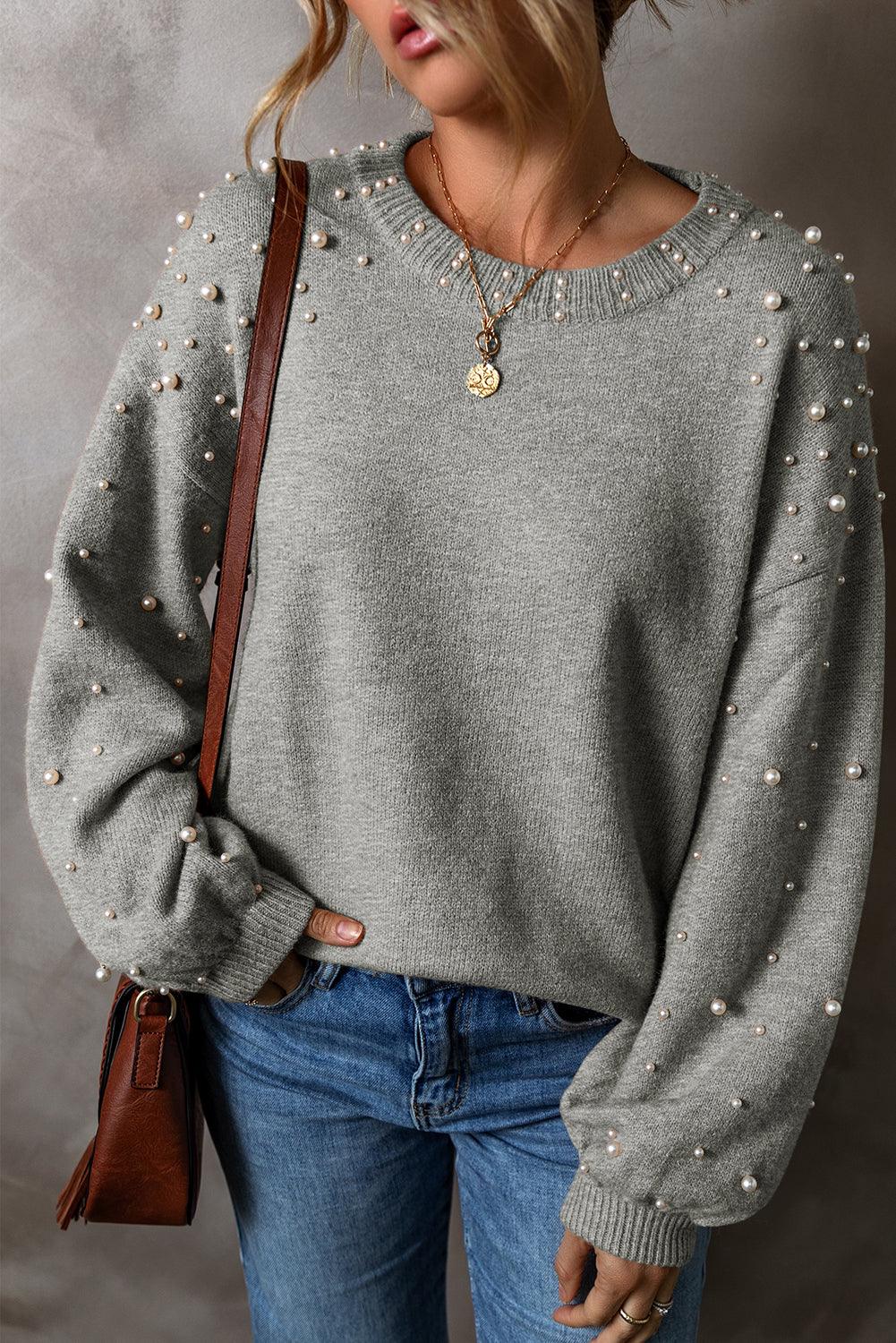 Light Grey Pearled Drop Shoulder Round Neck Sweater - Blu Lotus Boutique