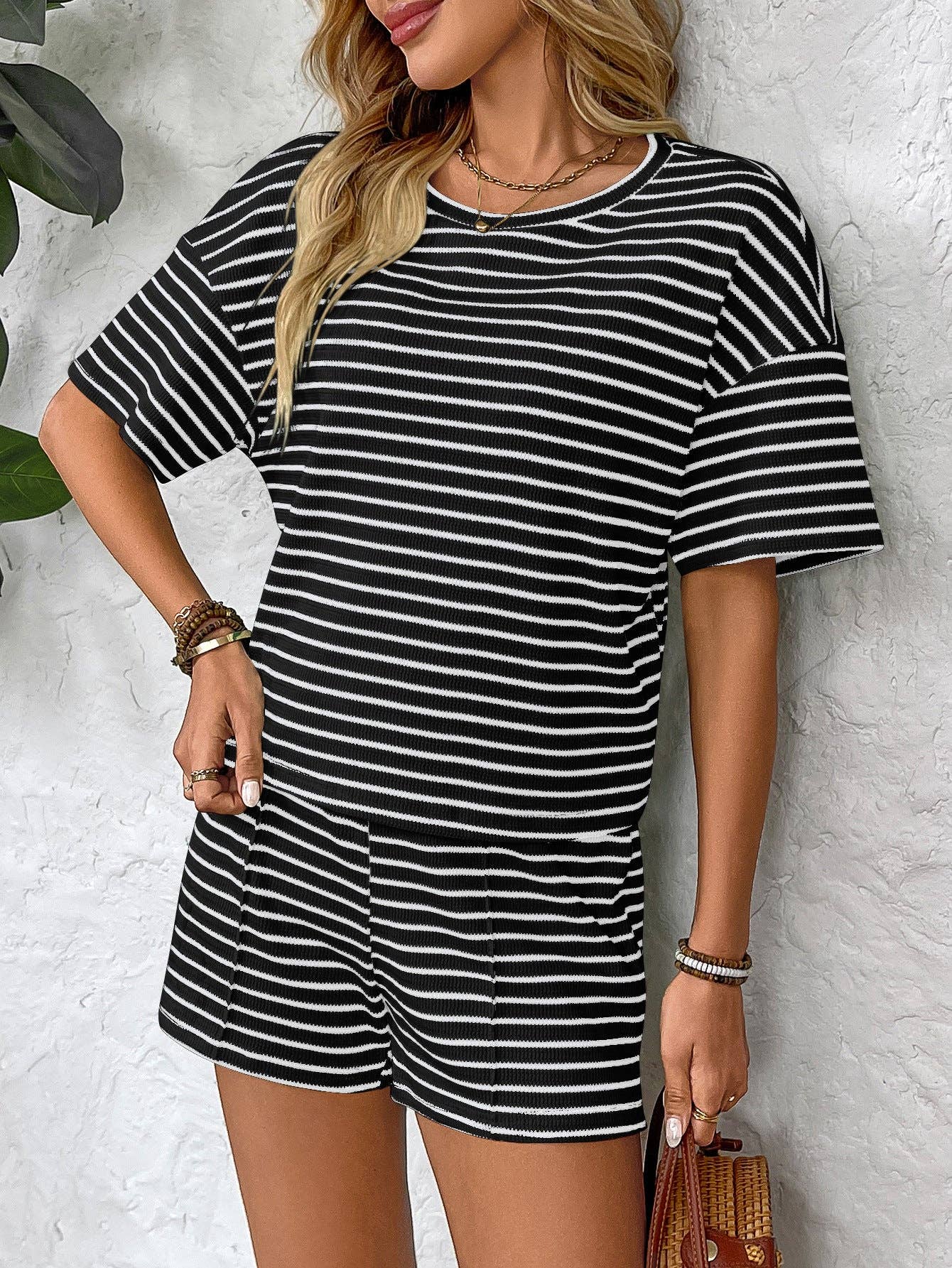 Womens Striped Lounge Set Casual Tee and Shorts Set
