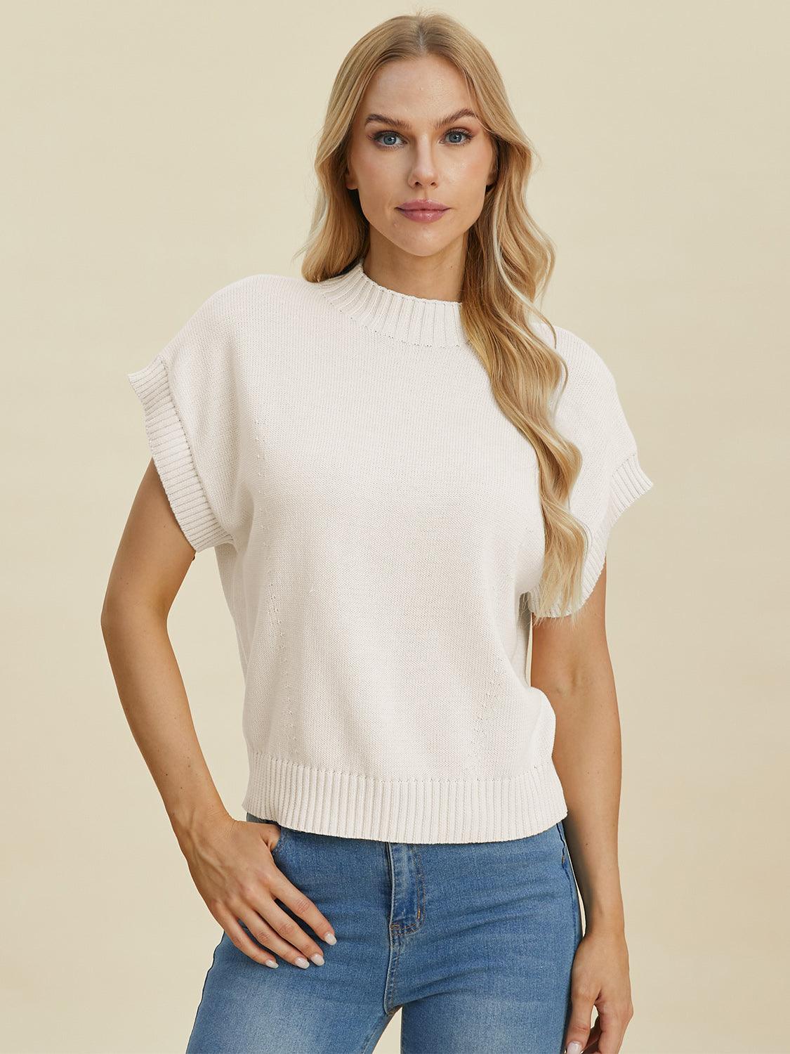 Double Take Full Size Mock Neck Short Sleeve Sweater - Blu Lotus Boutique