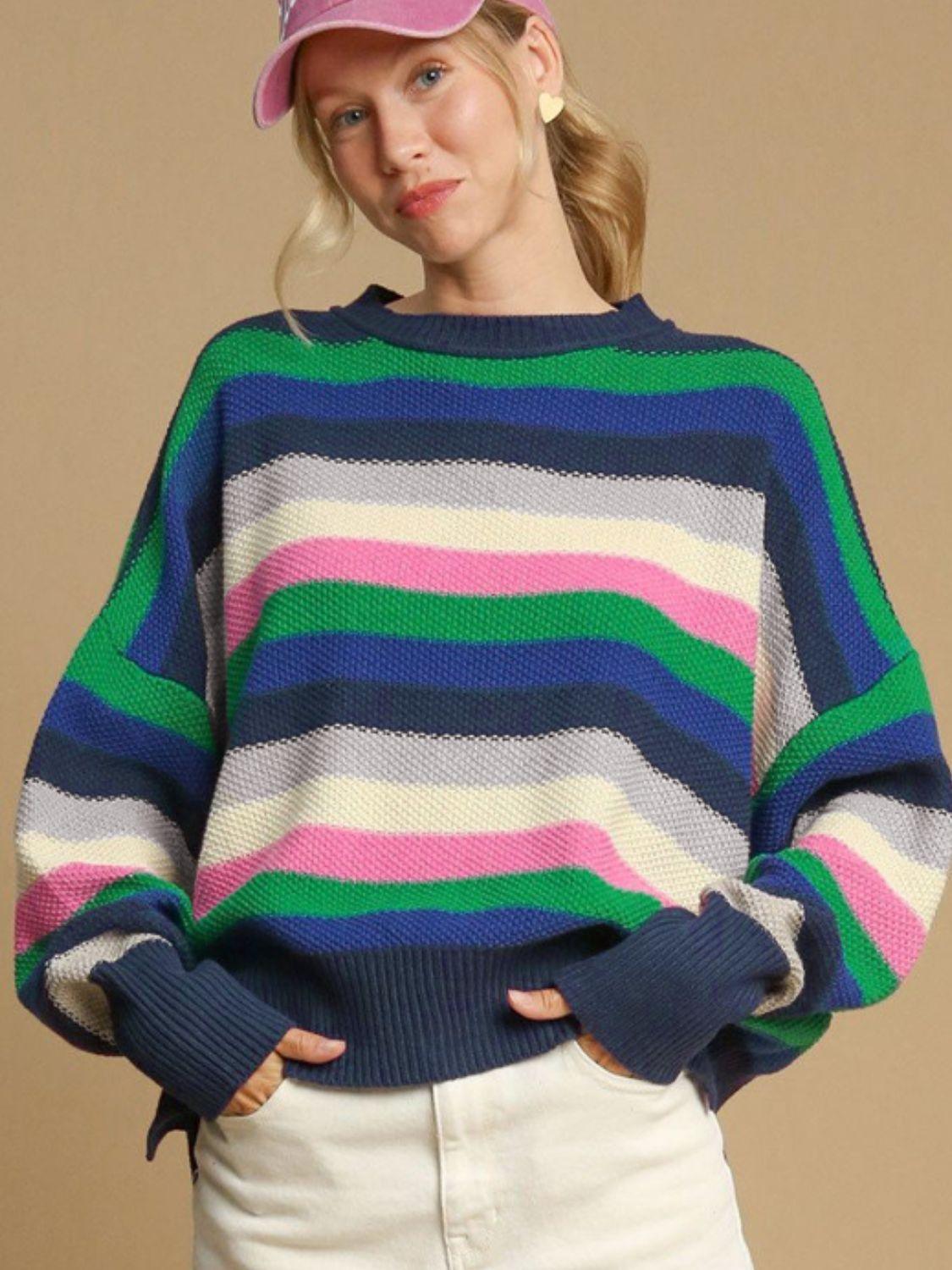 Contrast Striped Round Neck Long Sleeve Sweater - Blu Lotus Boutique