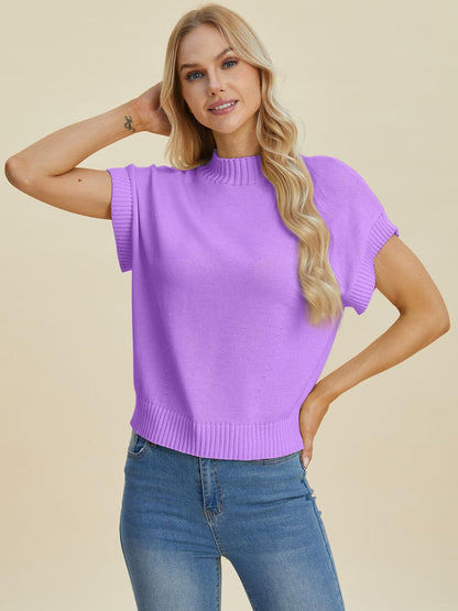 Double Take Full Size Mock Neck Short Sleeve Sweater - Blu Lotus Boutique