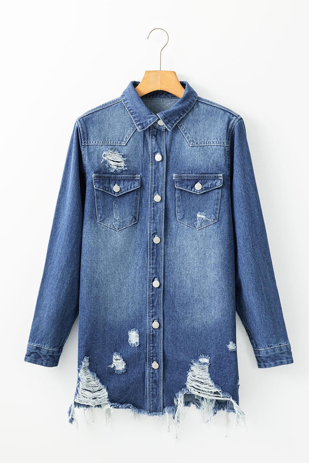 Sky Blue Light Wash Distressed Frayed Long Denim Jacket - Blu Lotus Boutique