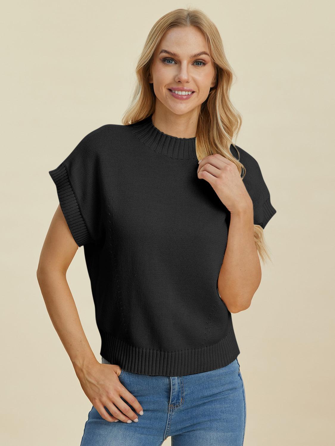 Double Take Full Size Mock Neck Short Sleeve Sweater - Blu Lotus Boutique