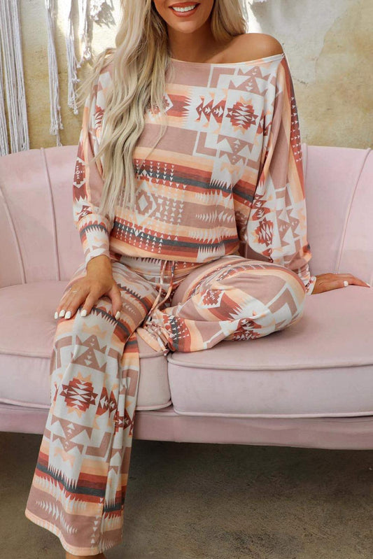 Multicolour Aztec Print Puff Sleeve Pullover and Pants Lounge Outfit - Blu Lotus Boutique