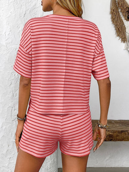 Womens Striped Lounge Set Casual Tee and Shorts Set