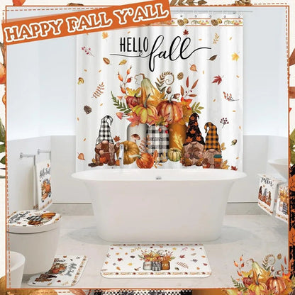 8 pcs hello fall shower curtain set for bathroom include harvest autumn gnome shower curtain towels non slip rugs toilet lid cov - Blu Lotus Boutique