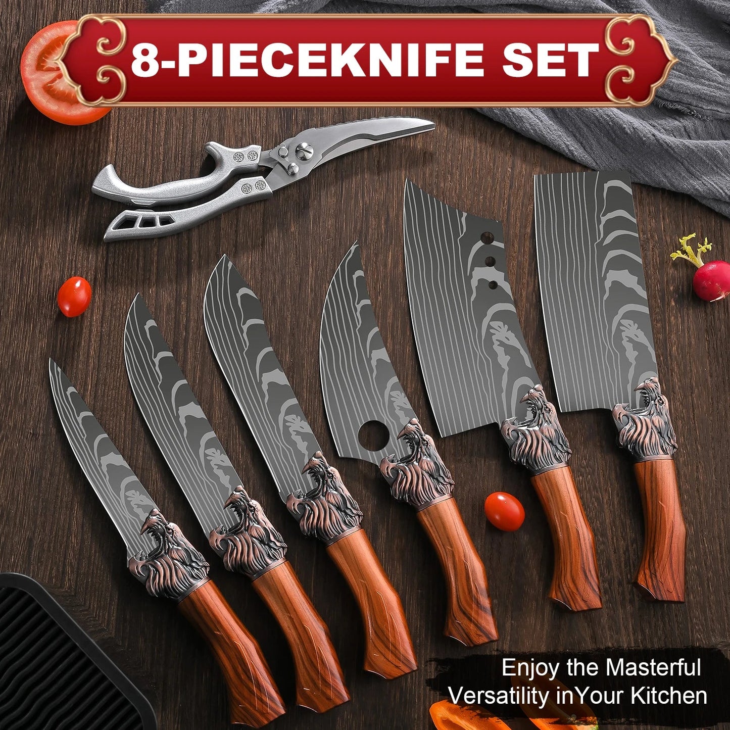 8 - Piece Set of Professional Hand - Forged Kitchen Chef Knives + Knife Holder Multi - Purpose Knife, Bone Removal KnifeKitchen ScissorsUltra - Sharp Bone ScissorsFish Knife and Butcher Knife Suitable for Cooking and Cutting - Blu Lotus Boutique