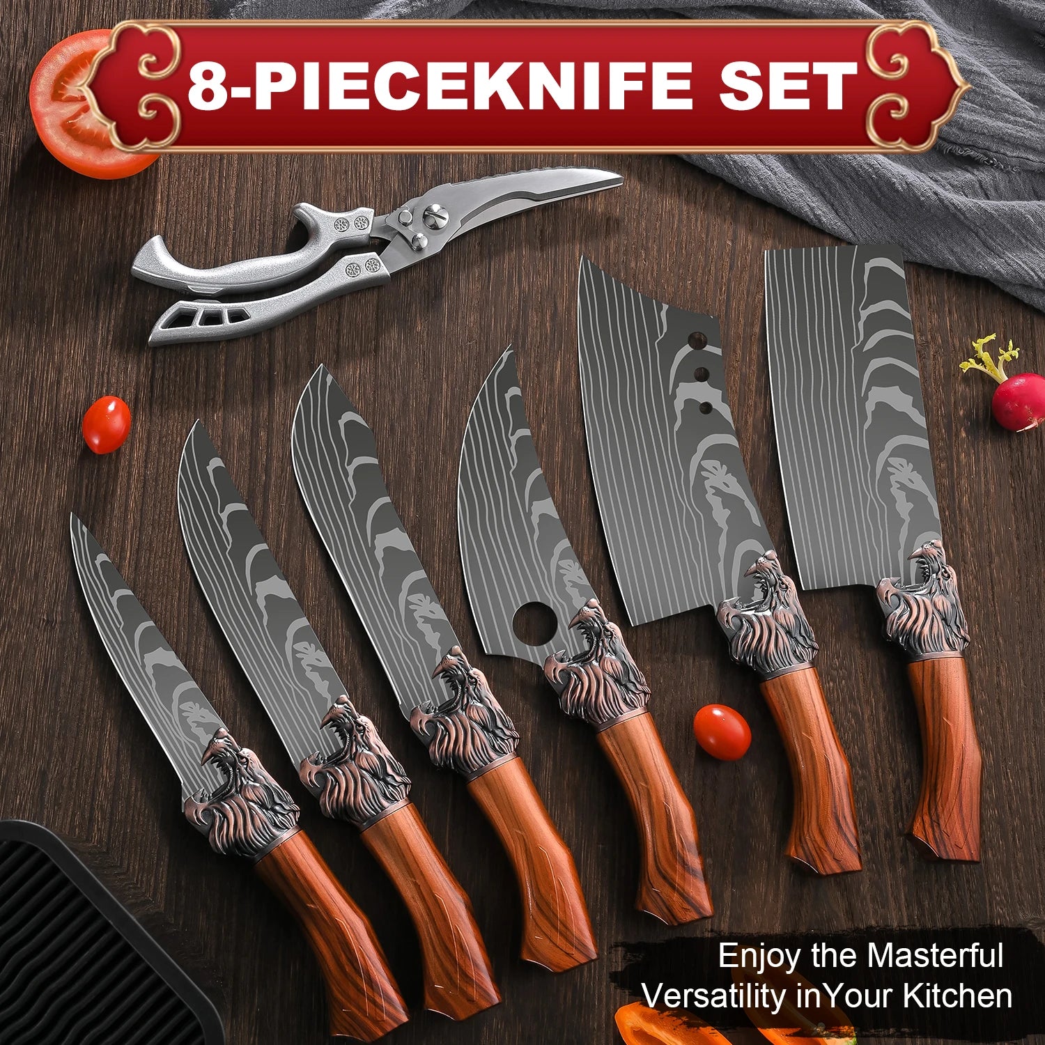 8 - Piece Set of Professional Hand - Forged Kitchen Chef Knives + Knife Holder Multi - Purpose Knife, Bone Removal KnifeKitchen ScissorsUltra - Sharp Bone ScissorsFish Knife and Butcher Knife Suitable for Cooking and Cutting - Blu Lotus Boutique