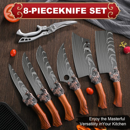 8 - Piece Set of Professional Hand - Forged Kitchen Chef Knives + Knife Holder Multi - Purpose Knife, Bone Removal KnifeKitchen ScissorsUltra - Sharp Bone ScissorsFish Knife and Butcher Knife Suitable for Cooking and Cutting - Blu Lotus Boutique