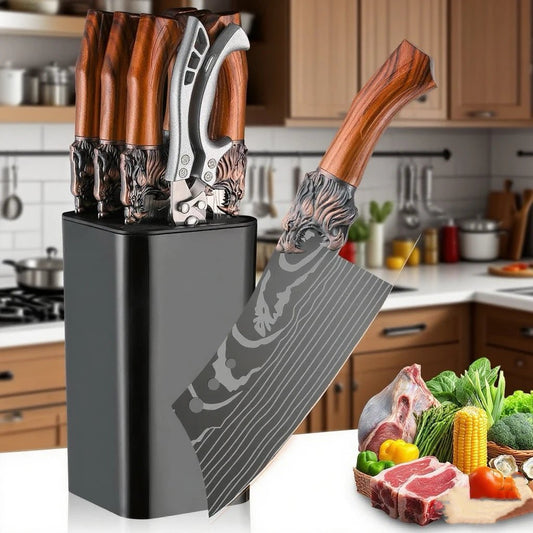 8 - Piece Set of Professional Hand - Forged Kitchen Chef Knives + Knife Holder Multi - Purpose Knife, Bone Removal KnifeKitchen ScissorsUltra - Sharp Bone ScissorsFish Knife and Butcher Knife Suitable for Cooking and Cutting - Blu Lotus Boutique