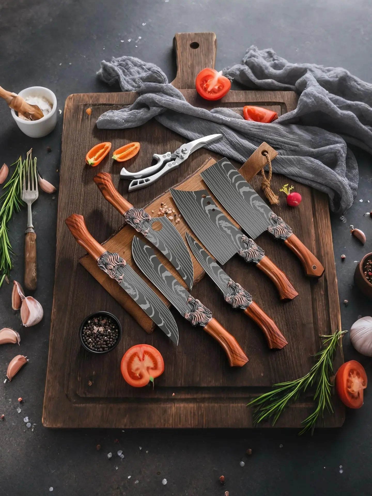 8 - Piece Set of Professional Hand - Forged Kitchen Chef Knives + Knife Holder Multi - Purpose Knife, Bone Removal KnifeKitchen ScissorsUltra - Sharp Bone ScissorsFish Knife and Butcher Knife Suitable for Cooking and Cutting - Blu Lotus Boutique