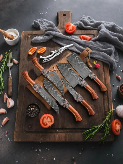 8 - Piece Set of Professional Hand - Forged Kitchen Chef Knives + Knife Holder Multi - Purpose Knife, Bone Removal KnifeKitchen ScissorsUltra - Sharp Bone ScissorsFish Knife and Butcher Knife Suitable for Cooking and Cutting - Blu Lotus Boutique