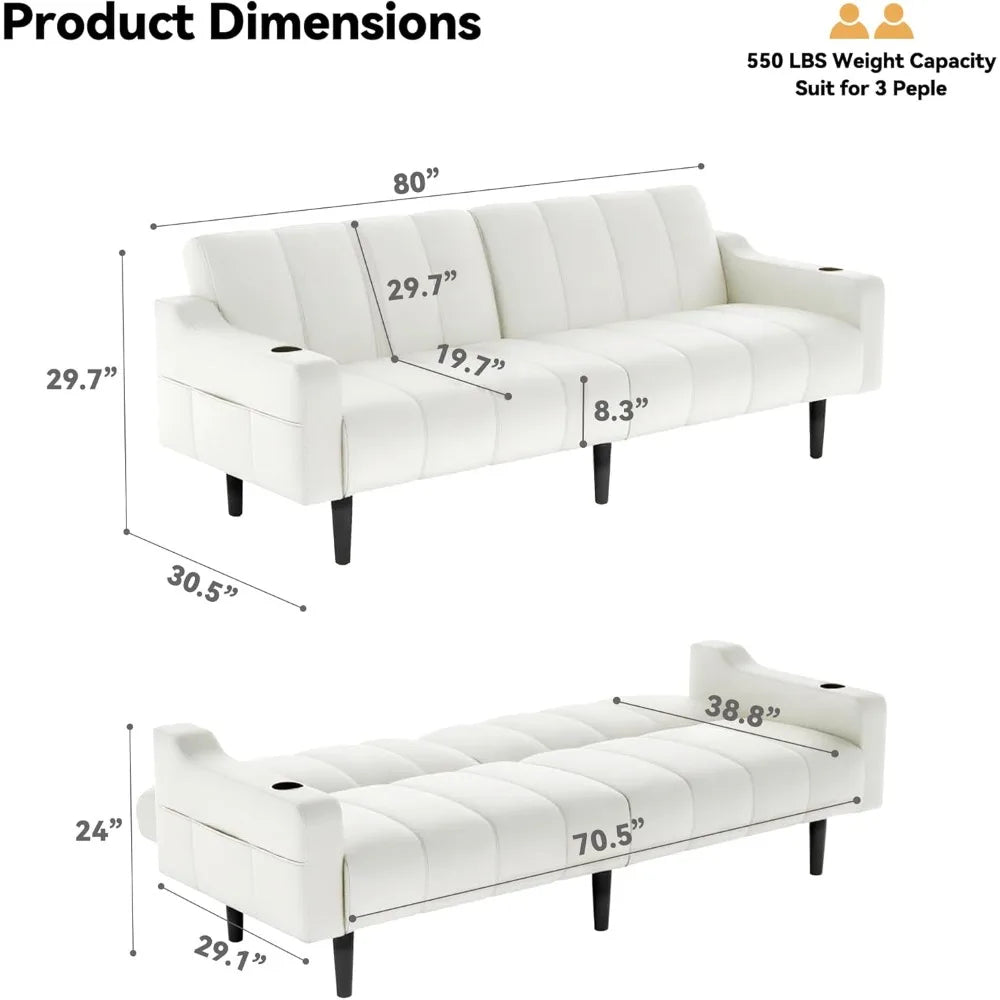 "80" Faux Leather Futon - Adjustable Backrest Sleeper, Convertible Loveseat for Living Room/Apartment" - Blu Lotus Boutique