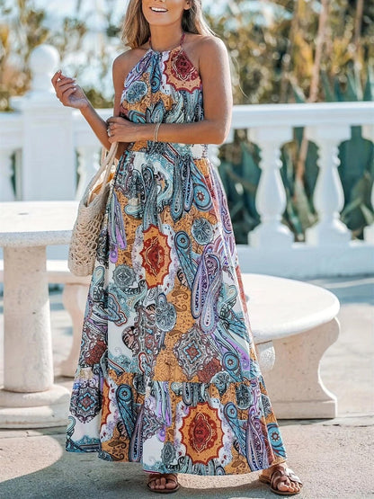 Printed Halter Neck Maxi Dress - Blu Lotus Boutique